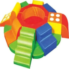 Kids padded play structure with green slide panels, blue steps, and ball pit