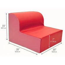 Red kids foam armchair with padded seat and backrest, shown with size labels