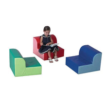 Kids foam chair with molded red seat and backrest, shown with extra small chairs