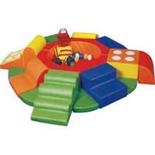 Kids soft playpen with red ball pit, foam slides, and multicolor padded walls