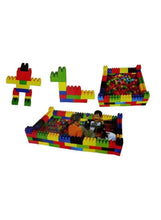 Colorful jumbo interlocking blocks set with assembled structures and small figure models