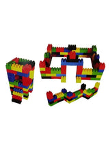 Multicolor jumbo interlocking block playset with multiple assembled cube-and-figure models