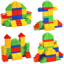 Colorful block building set with arched towers, curved walls, and interlocking pieces