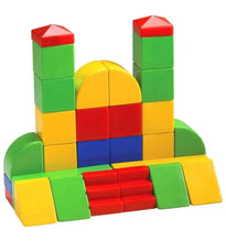 Stacked colorful building blocks with domed center, red roof, and curved base