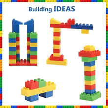 Colorful plastic block building models, including a letter-like frame and tall pillar