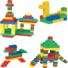 Assorted colorful plastic block structures with stacked towers and platforms