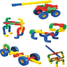 Colorful plastic tube building set with connected track pieces and wheels
