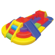 Kids indoor soft play climber with red, yellow, blue ramps and circular steps