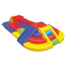 Soft play zone climber with red slide chute, blue ramp, and yellow circular steps