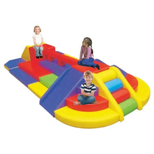 Indoor kids climbing activity set with kids using red-yellow-blue soft foam ramps