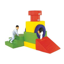 Kids indoor climbing play set with red, yellow, green foam blocks and purple tunnel.