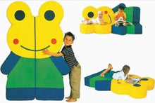 Yellow frog kids plush with smile face, green torso, blue arms and legs, full-length view
