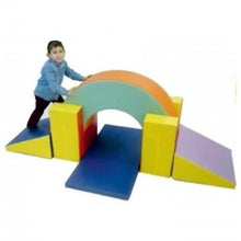 Kids indoor climbing set with multicolor foam arch, steps, and slide ramps