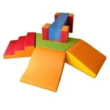Multicolor foam climbing set with stacked platforms, ramps, and padded steps