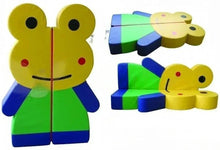 Yellow frog kids plush with smiling face, big round eyes, green torso, and blue limbs