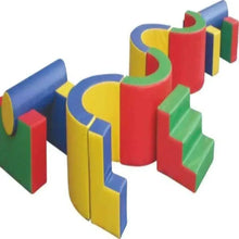 Colorful foam curved play set with stacked blocks in red, blue, yellow, green.
