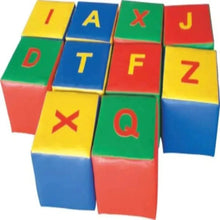 Foam alphabet cubes with multicolor sides and printed letters I, A, X, J, D, T, F, Z