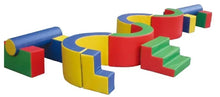 Colorful foam curved play set with interlocking blocks in red, blue, yellow, green.