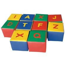 Foam alphabet cubes with multicolor faces and printed letters I, A, X, J, T, F, Z, Q