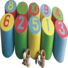 Foam number stacking blocks, tall cylinders with numerals 1–10 and small toy pieces