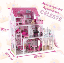 Pink dollhouse playset with furniture, 3 floors, ladder and attached slide