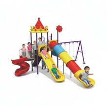Outdoor playground set with two slides and swings, colorful yellow red blue tower