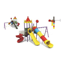 Outdoor playground set with yellow and red slides plus purple swings and stepping panel