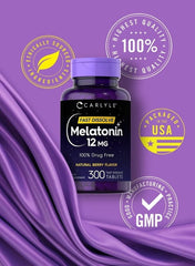 Melatonin 12mg Fast Dissolve 300 Tablets | Natural Berry Flavor | Vegetarian, Non-GMO, Gluten Free