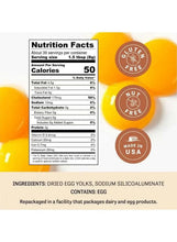 Dried egg yolk powder nutrition facts and ingredients label on pouch close-up