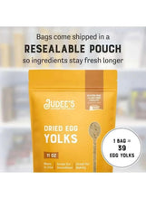 Resealable dried egg yolk powder pouch with “1 bag = 39 egg yolks” graphic