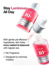 Anua 10+ face serum bottles, red serum in glass with silver caps