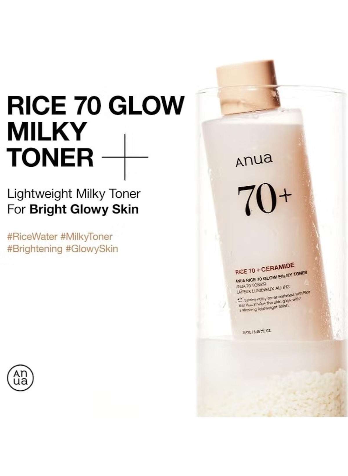Rice 70+ Glow Milky Toner for Glass Skin and Brightening, Fragrance-Free – 250ml