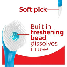 Disposable mini toothbrush head with blue bristles and freshening bead