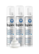 Rogaine 5% minoxidil foam aerosol can trio with white dispenser cap