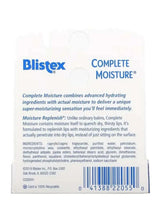 Lip moisture protectant package back with Blistex Complete Moisture product info