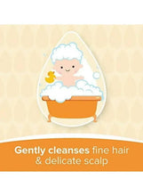 Baby shampoo label panel with child bath illustration and gentle cleansing text