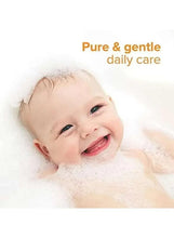 Baby shampoo image with smiling baby in bubbles and 'Pure & gentle' text