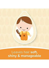 Baby shampoo label panel with child illustration and 'Leaves hair soft, shiny' text
