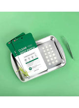 Acne spot patch set with green pouch, metal tray, and applicator