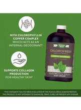 Liquid chlorophyll supplement bottle, internal deodorant and collagen support info panel