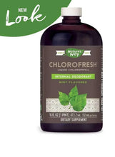 Liquid chlorophyll supplement bottle with internal deodorant mint flavored front label