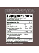 Supplement Facts panel showing servings and nutrients for liquid chlorophyll