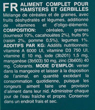 Small animal feed pouch ingredient and nutrient composition panel (French text)