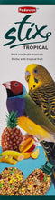 Bird treat sticks package with budgies and exotic birds on tropical fruit design