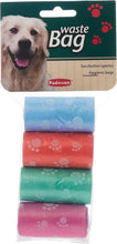 Dog waste bag roll pack with mixed colors and paw print patterns, in plastic wrap