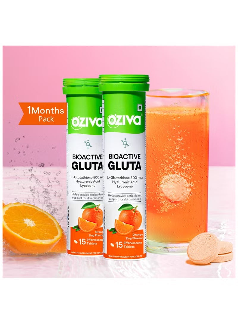 OZiva Bioactive Gluta Fizzy | Glutathione Tablets for Skin Radiance & Glow with Hyaluronic Acid, Lycopene, Astaxanthin – Orange Zing | Pack of 2 (30 Tablets Each)