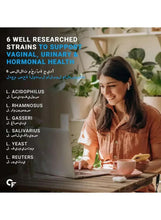 Carbamide Forte probiotics marketing image with a woman and probiotic strain list