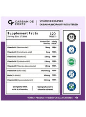 Carbamide Forte Vitamin B-Complex Tablets | 100% RDA with B1, B2, B3, B5, B6, B9 & B12 | Energy, Skin & Cognitive Support | 120 Vegetarian Tablets