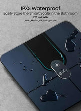 Waterproof smart digital body weight scale with water droplets on dark glass surface
