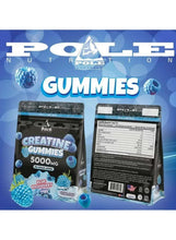 Creatine gummies pouch set showing front and supplement facts side, 5000 mg